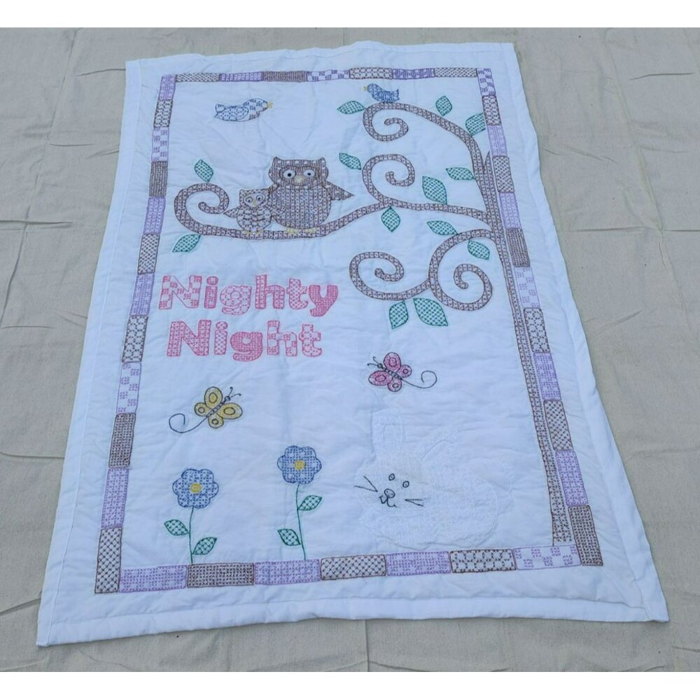 Handmade Baby Quilt, Embroidered Owl Flower Tree Nighty Night, White, 40"x59"